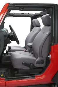 bestop custom tailored front seat covers in charcoal for 2007 12 jeep wrangler jk 2 door & unlimited 4 door models 2928009